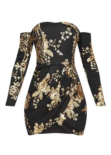 Pretty Little Thing  Black Floral Sequin Bardot Bodycon Dress