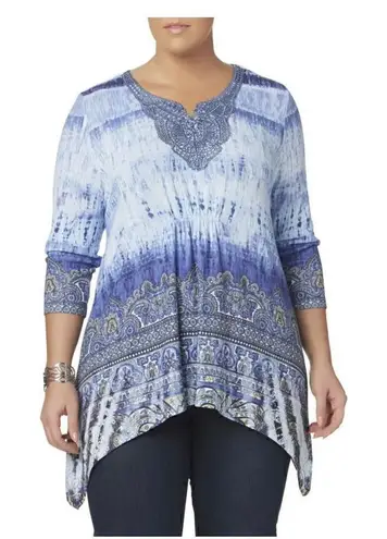 Energie BLUE MULTICOLOR W/ LACE 3/4 SLEEVE SHARK BITE HEM EMBELLISHED TOP 1X