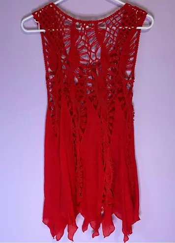 Spicy Red Open Knit Crochet Scoop Neck Rayon Tank Top Swim Cover Up Medium