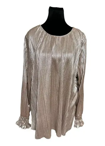 Ava & Viv Long Sleeved Champagne Metallic Plisse Scoop Neck Blouse 3X EUC