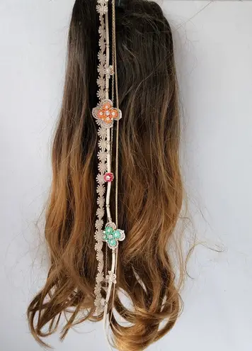 3 Boho Long Lace Leather Ribbon and Chain Hair Clip Gold