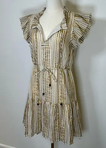 Oliphant Design 100% Cotton Gold Stripe Flutter Sleeve Dress Women’s Size Small