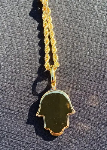 Gold Chain Rope Chain 24in 4mm And Icy Hamsa Pendant Set