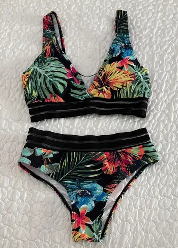 Women small Tropical Floral high waist Bikini Set sheer stripes v neck top Black