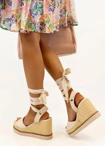Soda Nude Lace Up Wedge