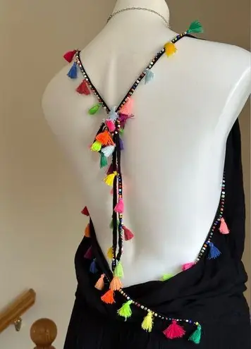 Black Swim Romper With Tassel Multi Color & Beads Trim Cover Up NWT Sz M Size M