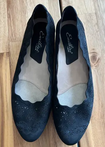 Earthies Comfort Flats Black Laser Cut Floral Scalloped Size 10
