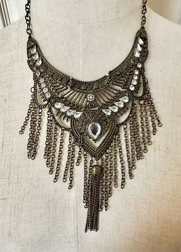 Brass tone rhinestone chain statement necklace