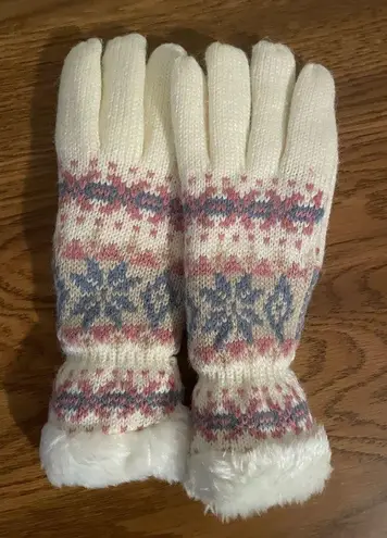 Women White Knitted Gloves With Pink and Blue Isle Pattern