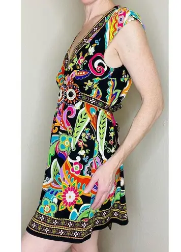 ECI New York Colorful Abstract Floral Paisley Mini Beaded Dress