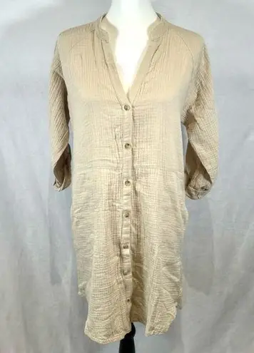 Solai the Label beige 100% cotton linen shirt dress with pockets size small Tan