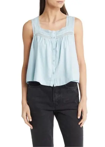 Treasure & Bond BOHO LACE TRIM LINEN BLEND TANK IN BLUE - Women's Small Blouse