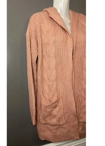 Crave fame Cardigan Sweater Womens Medium Pink Hooded Cable Knit Open Front