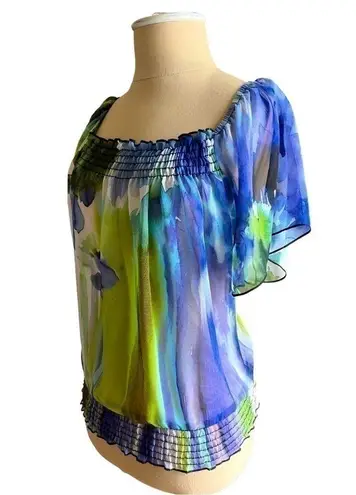 Wrapper Sheer Floral Blue & Green Watercolor Dreamy Flutter Sleeve Blouse XS