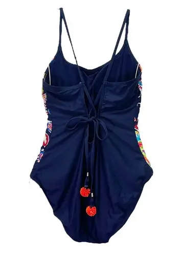 Anne cole NWT Paisley Pom Lace-Up One Piece Swimsuit Navy Blue Multi Size 14