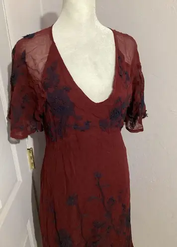 Maeve Anthropologie Francoise Red Floral Embroidered Midi Dress V-Neck 2