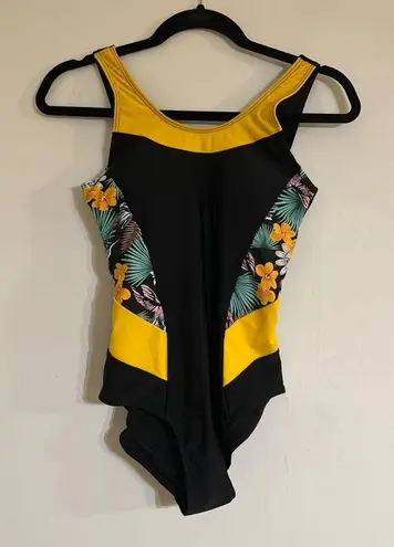 None Yellow and Black Floral Women Swim One Piece SZ S