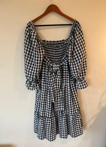 R.Vivimos Puff Sleeve Smocked Tiered Midi Dress Gingham Black Women's Size XL