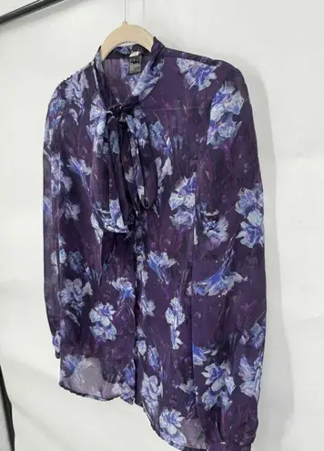 Jay Godfrey Blouse Women 0 Purple Floral Tie Neck Top Sheer Formal MSRP:$248