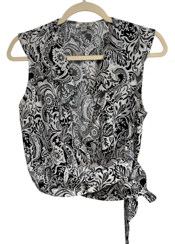 Unique Vintage Black White Paisley Wrap Tie Front Sleeveless Blouse Top M