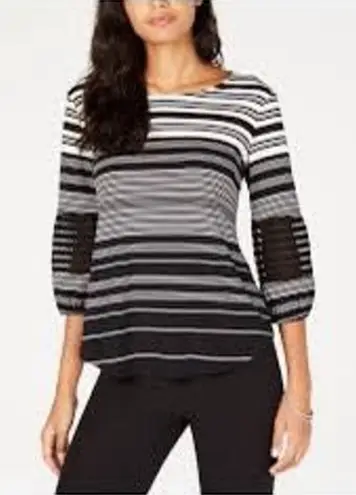 Alfani Black White Classic Striped Illusion Sleeve Pullover Blouse Size S