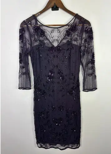 Patra Dress 6 Purple Beaded Sequin Sheer Overlay Cocktail Party Formal Midi