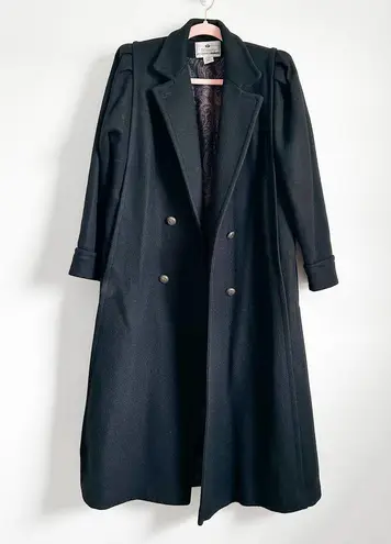 Vintage Black Double Breasted Long Wool Coat Pleated Puff Shoulder sz 8 Petite