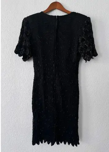 Kazar Black Silk Vintage Beaded Short Sleeve Mini Cocktal Dress Size Large