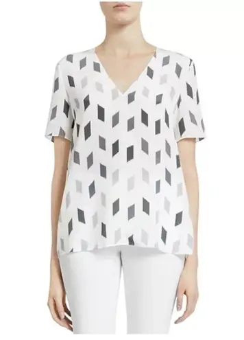 Theory  White A-Line Brush Printed V- Neck Silk Blouse Size Small