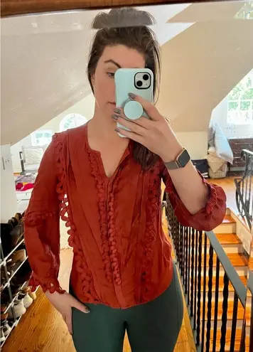 Rebecca Taylor Rustic Red Embroidered Silk Blend V-Neck Button Top size 2 - Image 1