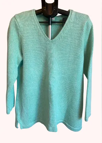 LL Bean Pullover V Neck Sweater 100% Cotton Womens Medium Mint Green Blue Size XL