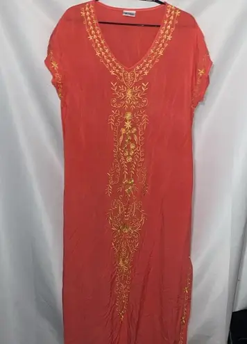 Lulla Collection by Bindya Wo Med/Lg Coral Maxi Lounge Dress Yellow Embroidery Orange