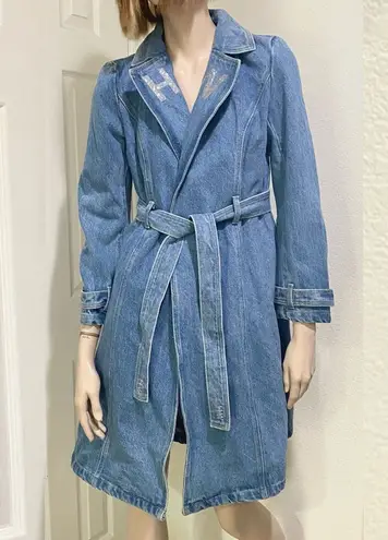 MY WAY HER WAY Denim Jean Wrap Belted Long Trench Jacket Outer Wear Size S NWOT Blue