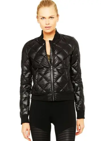 Alo Yoga Alo Idol Bomber Goose Down Jacket Black Quilted Warm Shiny Edgy Moto Puffer Coat