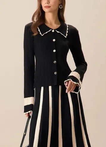 Rihoas Women's Black Splicing Button Ribbed Cardigan Size L