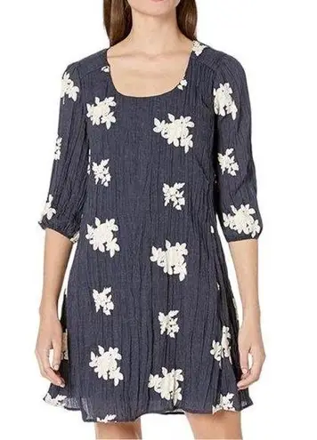 ECI NEW New York Boho Shift Dress 3/4 Sleeve Floral Embroidered Blue Large