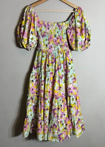 Pinch Puff Sleeve Floral Tiered Midi Dress Womens Small Smocked Boho Cottagecore Pink