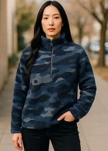 Como Womens Juniors Pullover Sz Small Blue Fleece Sherpa Teddy Camo Quarter Zip