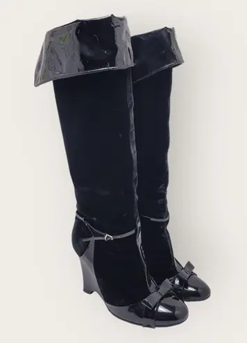 Laurence Dacade Velvet Patent Leather Bow Knee High Wedge Heels Boot Size 38 Black