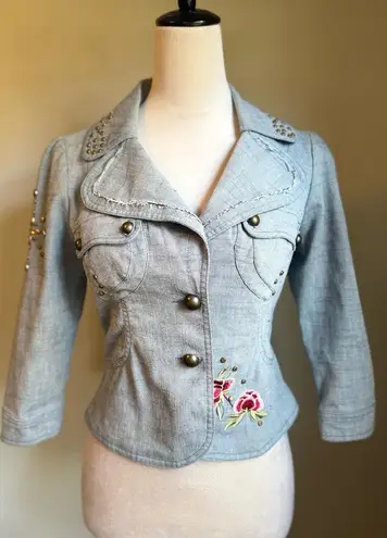 Cell Embroidered flowers Blue Jean Jacket bling Y2K boho cottage core fairy med