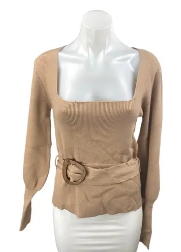 Fashion Union NEW Brown Rib Knit Belted Square Neck Long Sleeve Sweater Top Sz 8