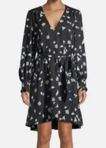 Joie  black floral long sleeve faux wrap ruffle smocked cuff dress