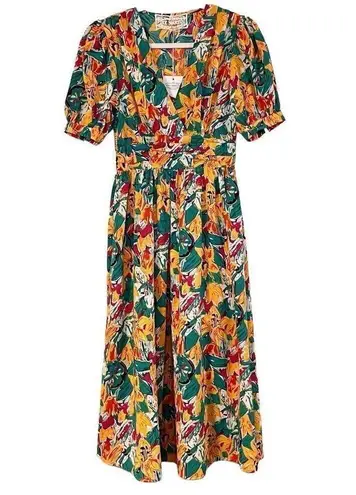 Pink Martini NWT Multicolor Floral V-neck Puff Sleeved Midi Dress