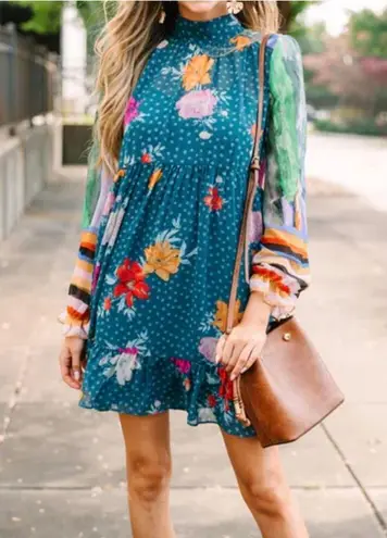 FATE. Dress Women M Mixed Print Slip Lined Problem Solved Teal Blue Floral Dress