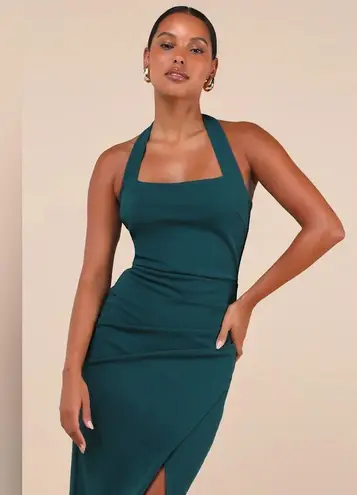 NWT Lulus Emerald Halter Bodycon Tulip Midi Dress medium Blue