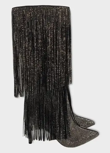 INC International Concepts Is Black and Silver Bling Fringe Heeled Boots Sz 7.5M