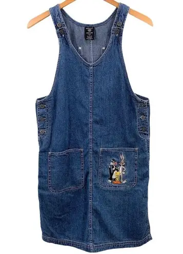 Vintage Y2K 90's Warner Brother Looney Tunes Embroidered Denim Dress Size Small Blue