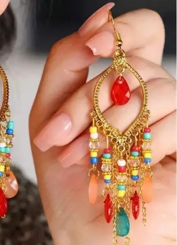 Bohemian Style Water Drop Shaped Bead Earrings With Tassel Fringes For Women Gold