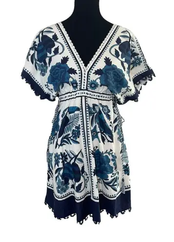 Farm Rio  Tropical Tiles Floral Linen Mini Dress Size XS Blue White