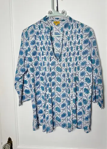 Roberta Roller Rabbit Block Print Blue Floral Cotton Tunic Top Blouse Small - Image 1